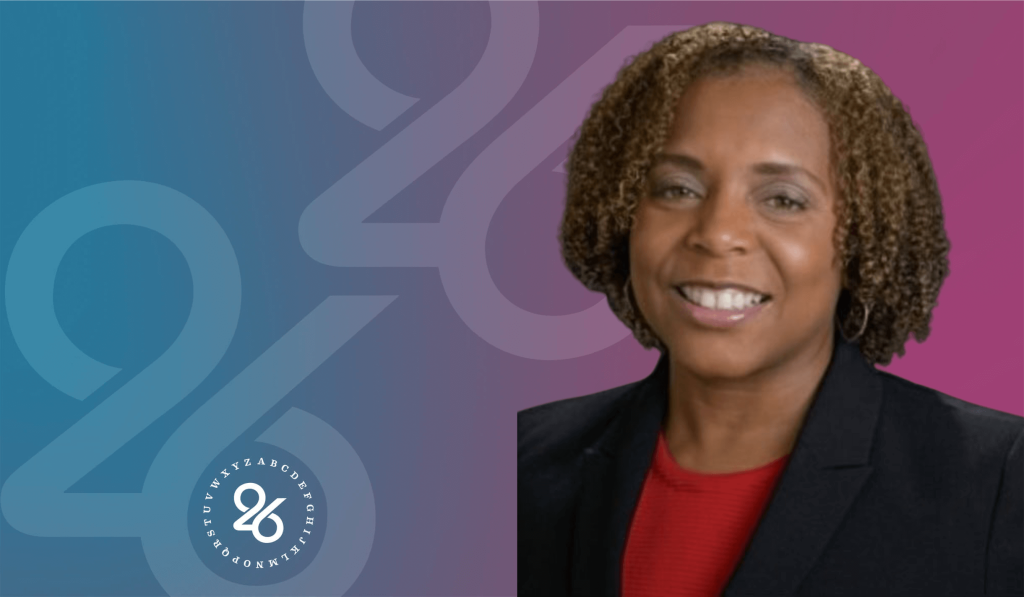 A smiling individual with curly hair wearing a black blazer over a red blouse is positioned on the right side of the image. The left side features a blue and purple gradient background with white handwritten numbers blending in. An emblem depicting central Florida symbols and elements of health is also displayed.