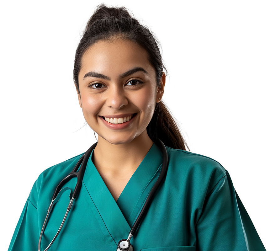 A smiling medical professional with long dark hair is wearing green scrubs and a stethoscope around her neck. She stands confidently in front of a plain white background, embodying the spirit of health and wellness in central Florida.