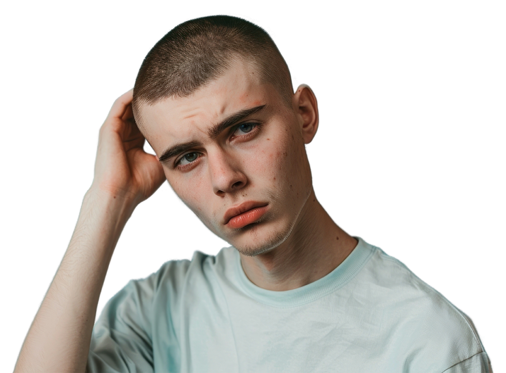 A young man with short-cropped hair and a serious expression looks directly at the camera. He is wearing a light-colored shirt and is touching the side of his head with one hand, as if in thought or confusion. The background is white and plain.