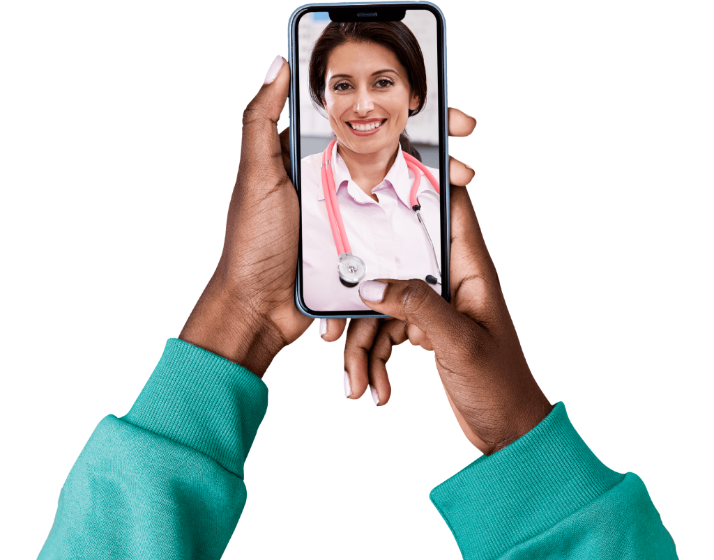 A person wearing a teal sweater holds a smartphone showing an image of a smiling woman with short dark hair, wearing a white coat and pink stethoscope, suggesting a virtual healthcare consultation.